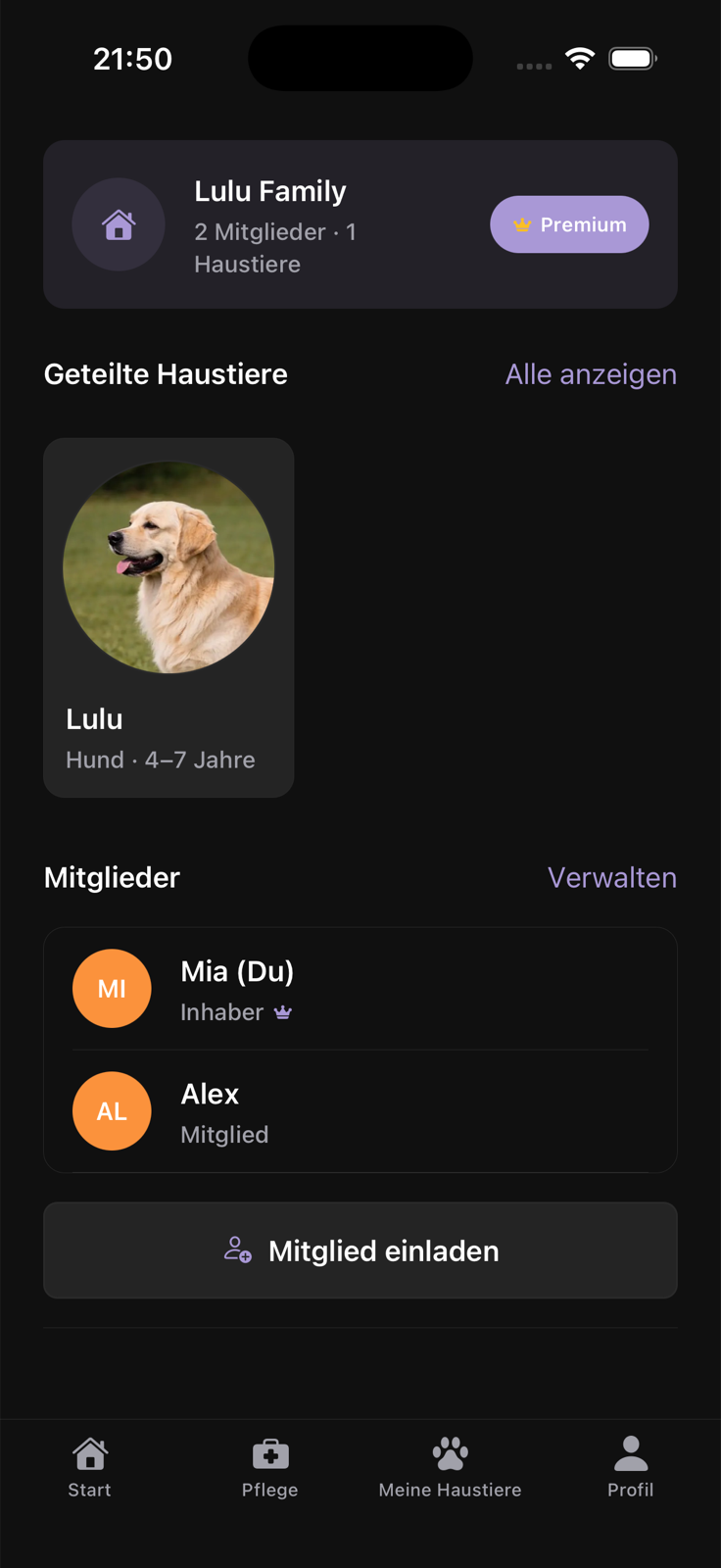 Deutsche Lulu-Familienansicht mit geteilten Haustieren und Mitgliedern