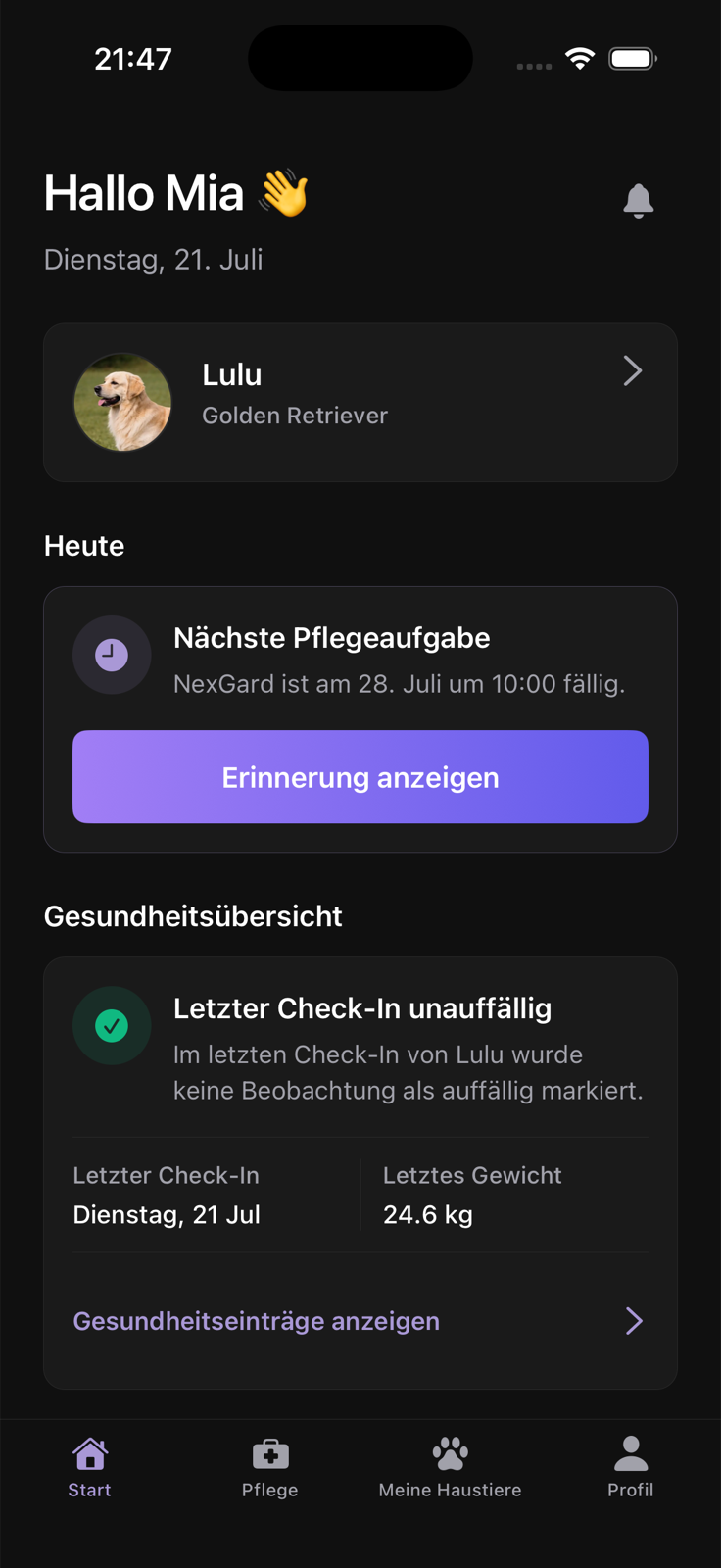 Deutsche Lulu-Startseite mit der nächsten Pflegeaufgabe und Gesundheitsübersicht