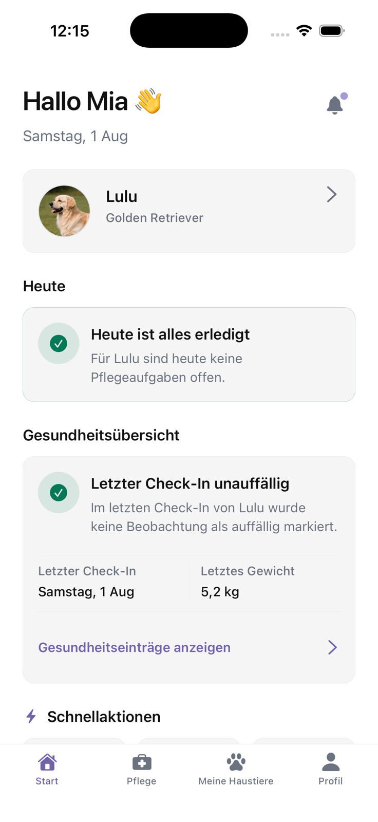 Lulu-Startseite im hellen Modus mit heutiger Pflege und Gesundheitsübersicht