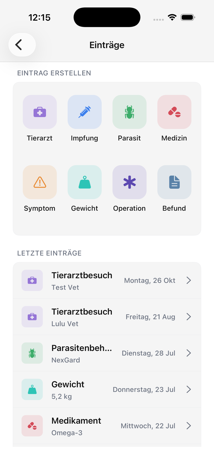 Lulu-Gesundheitseinträge im hellen Modus