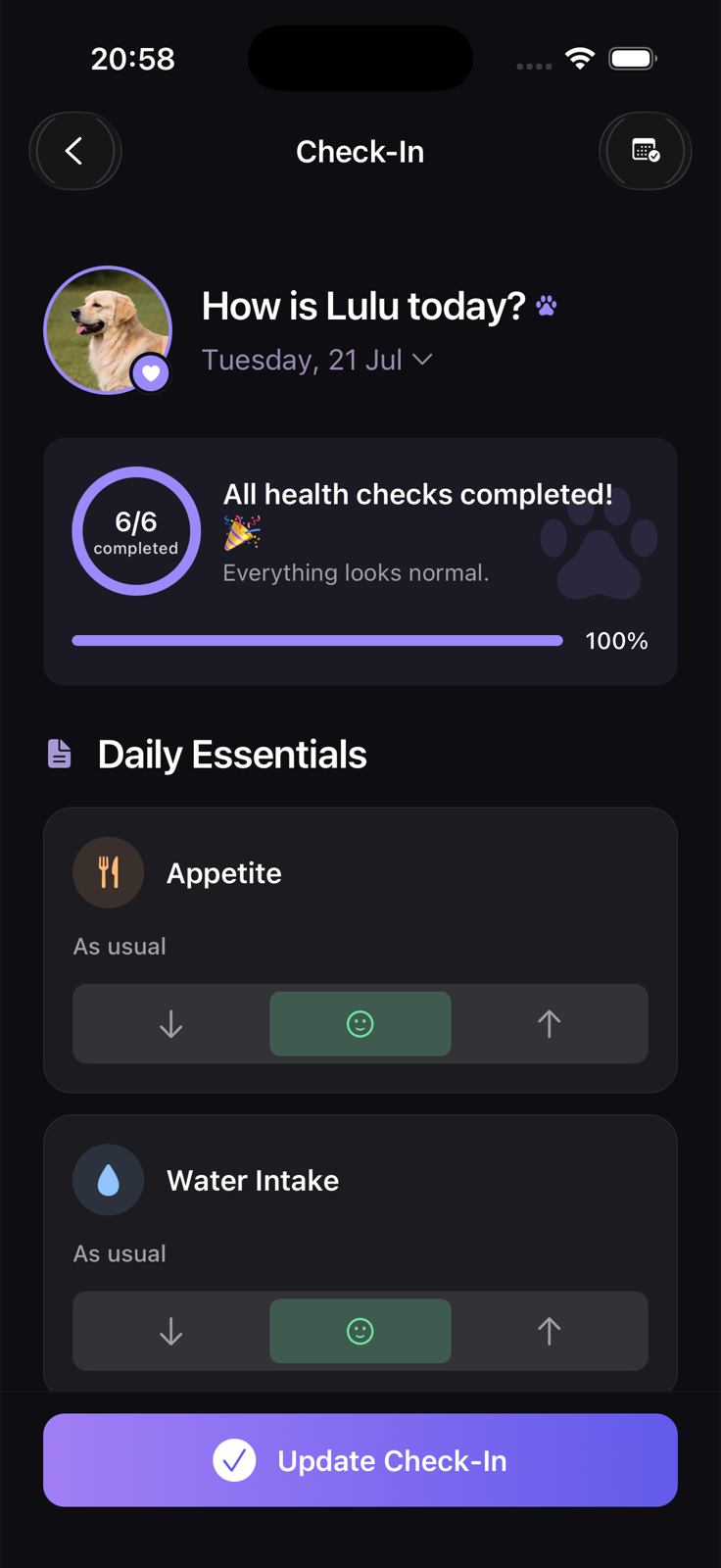 Lulu daily check-in screen showing completed health checks