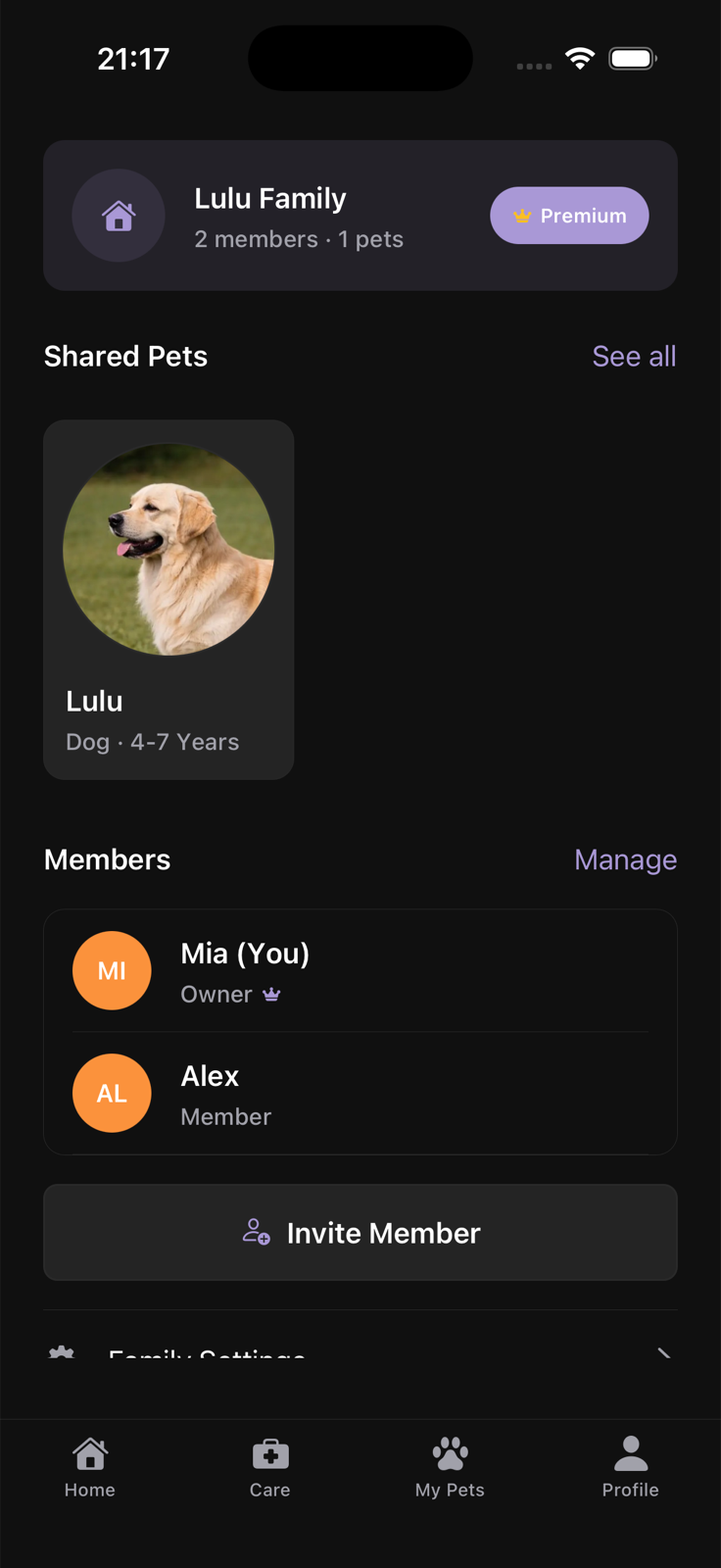 Lulu Family screen showing shared pets and family members