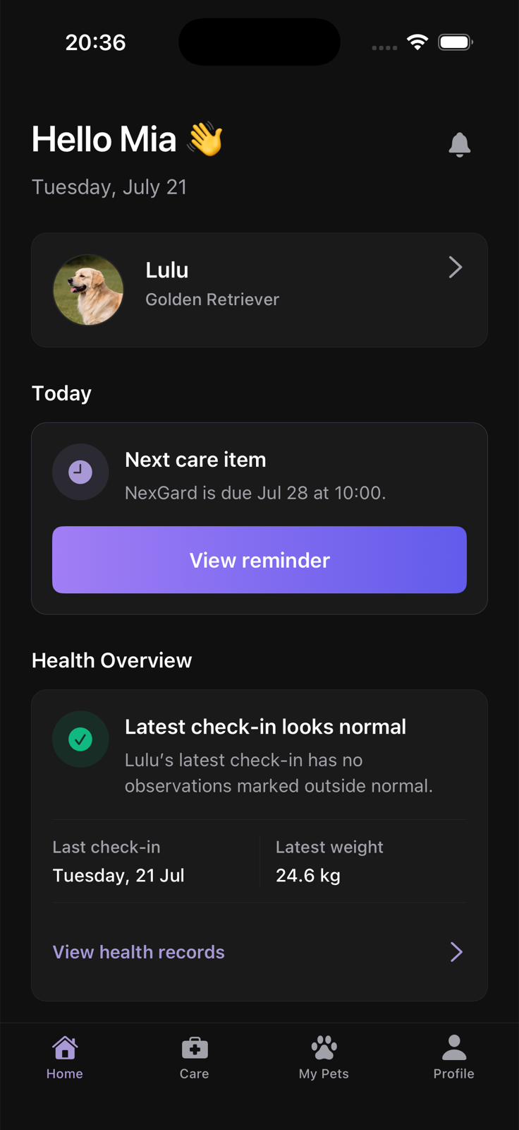 Lulu home screen showing the next care item and a health overview
