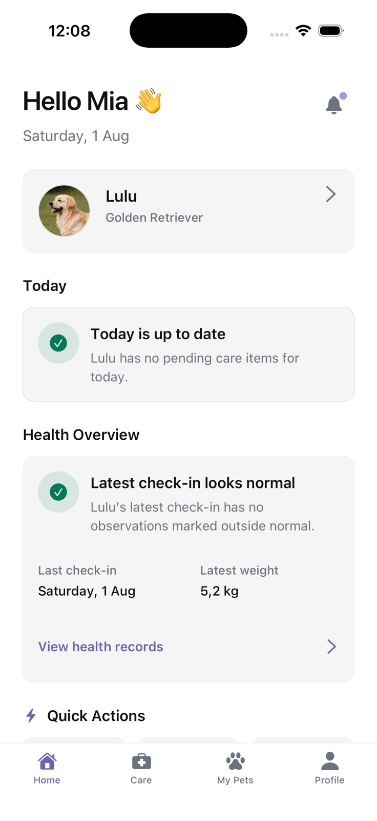 Lulu light mode home screen with today's care and health overview