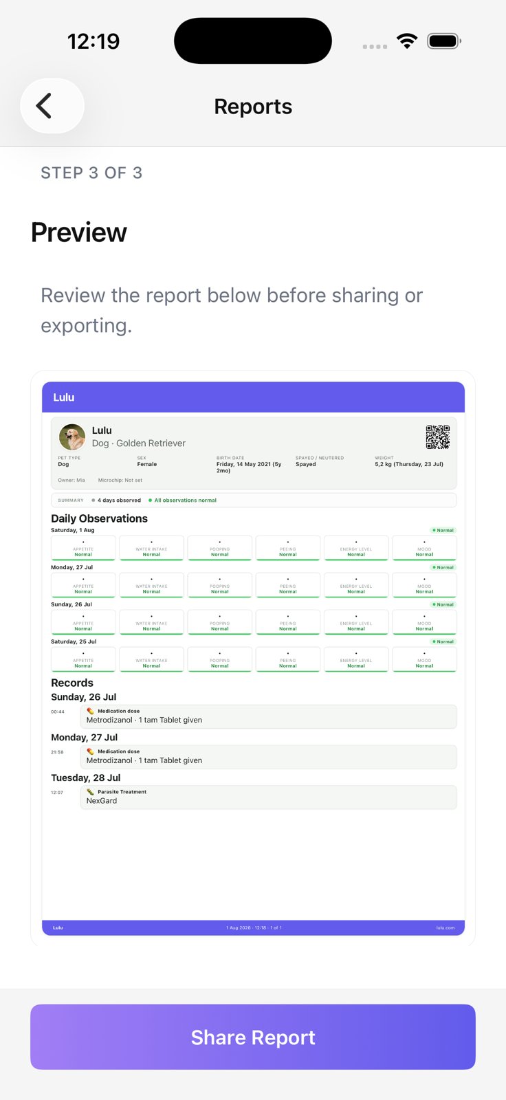 A vet-ready PDF report created in Lulu