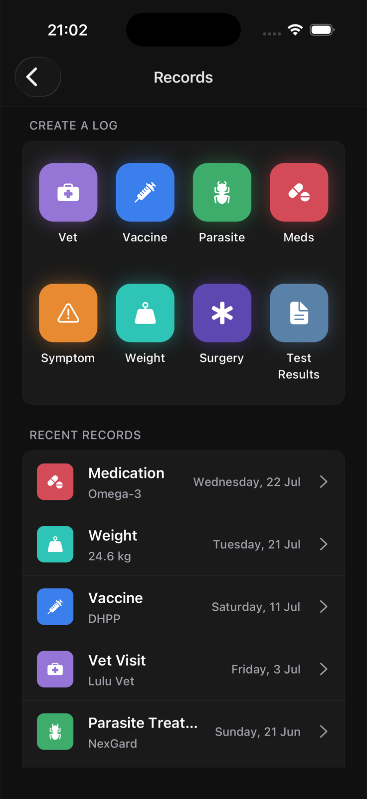 Lulu records screen for vet visits, vaccines, medication, symptoms, weight, surgery, and test results