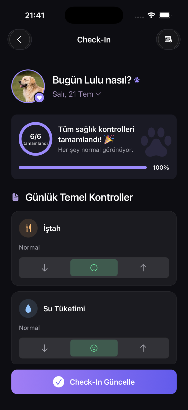 Tamamlanan günlük sağlık kontrollerini gösteren Türkçe Lulu Check-In ekranı