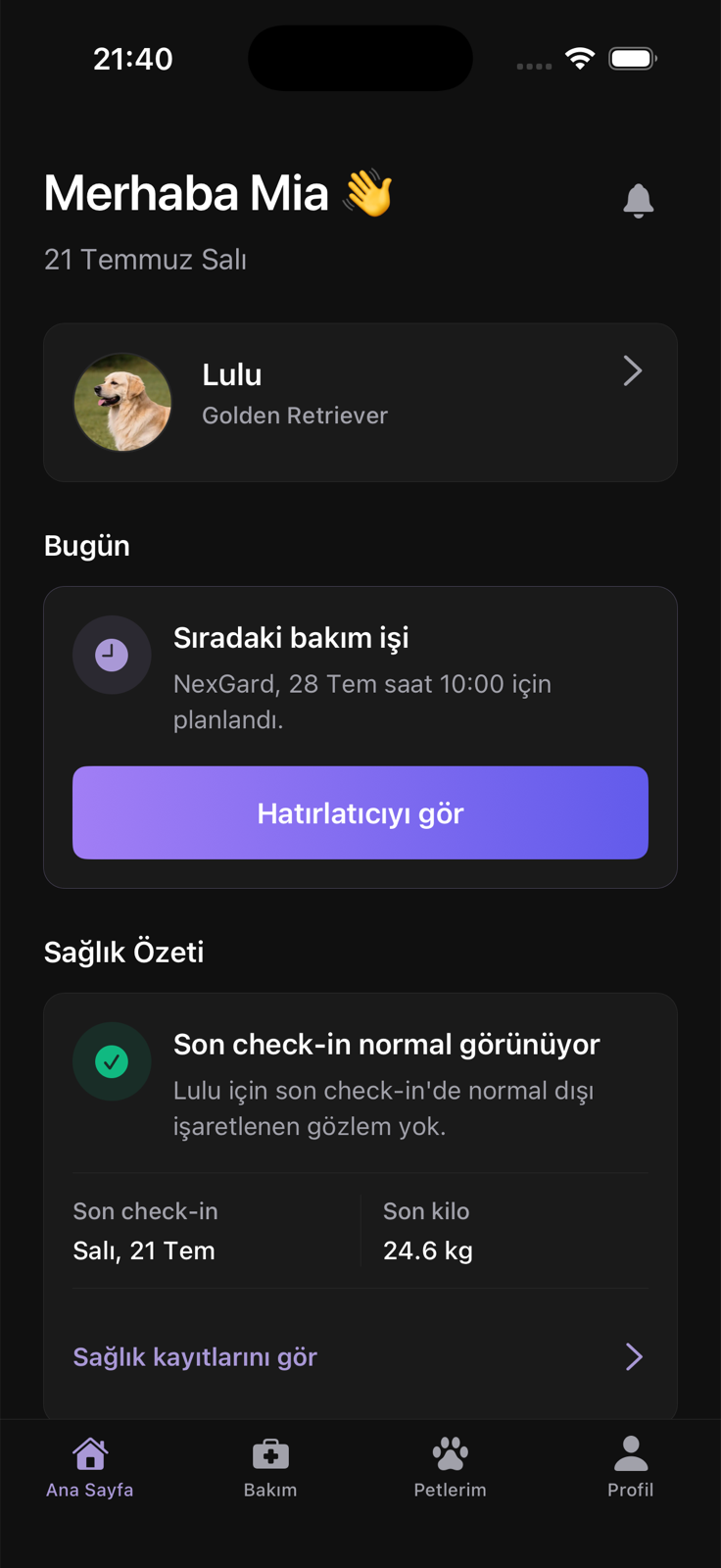 Sıradaki bakım işini ve sağlık özetini gösteren Türkçe Lulu ana sayfası