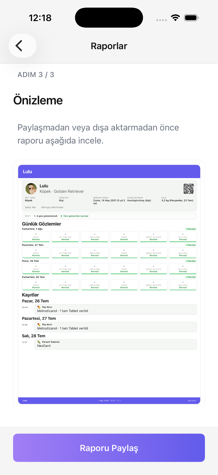 Lulu’da oluşturulan veterinere uygun PDF raporu