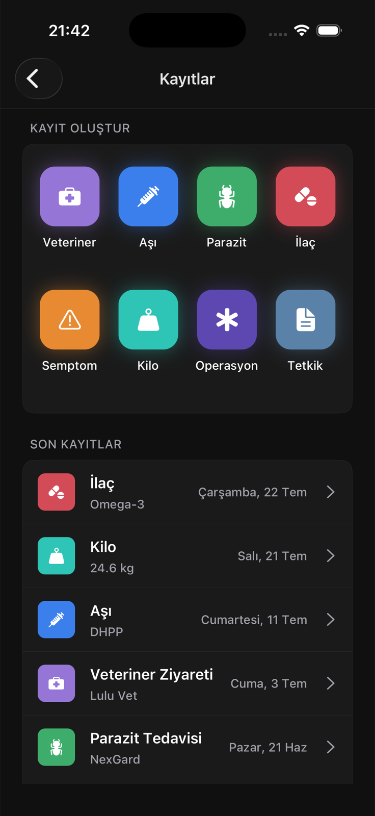 Veteriner, aşı, ilaç, semptom, kilo, operasyon ve tetkik kayıtlarını gösteren Türkçe Lulu Kayıtlar ekranı