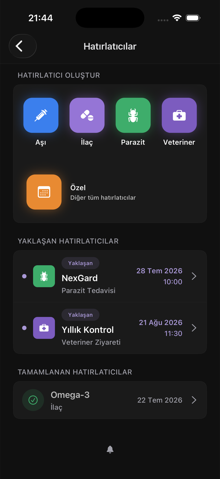 Yaklaşan ve tamamlanan bakım hatırlatıcılarını gösteren Türkçe Lulu Hatırlatıcılar ekranı